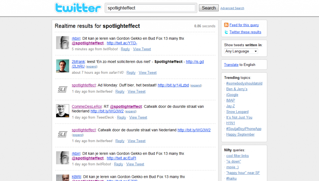Een Twitter Search op 'spotlighteffect'